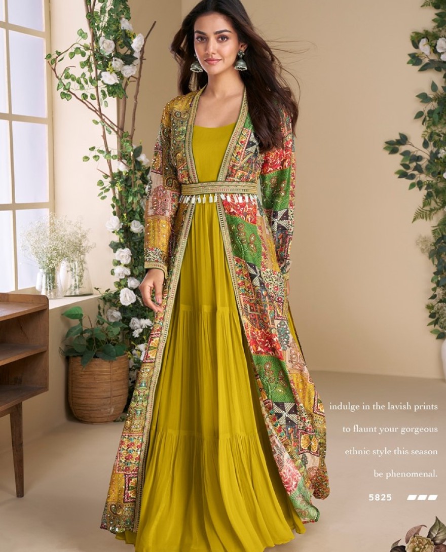 5825 - Designer Yellow Georgette Anarkali Gown with Multicolor Long Shrug